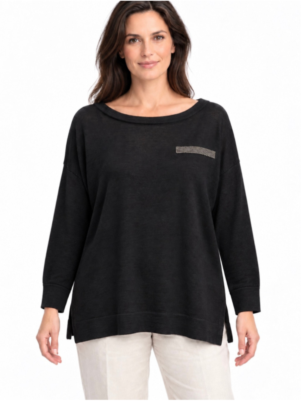 Fabiana Filippi XXL Black Monili Trim Merino Wool Silk Linen Sweater Italy